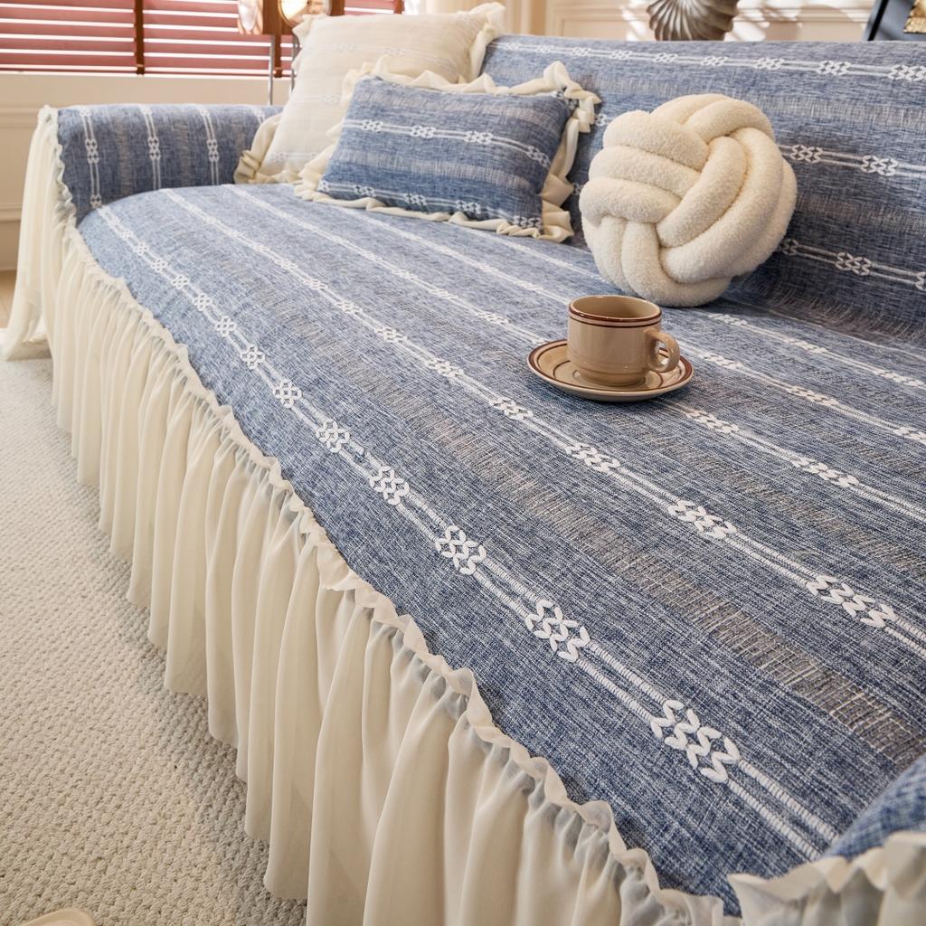 Solid Color Embroidered Sofa Towel with Lace Edge Ruffle Hem, Linen-Like Fabric Home Decor Universal Sofa Cover for Living Room