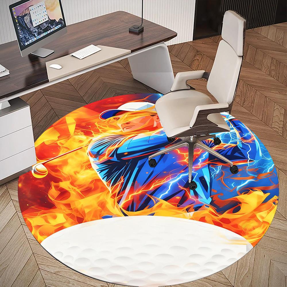 1PC Golf Fire Round Chair Mat Area Rug - Non-Slip, Floor Mat for Office, Bedroom, and Indoor Decor -Gift D1127232