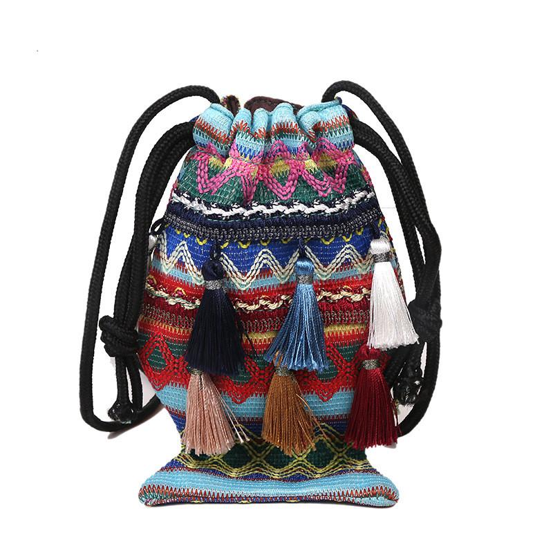 Art Ethnic Style Tassel Bag With Drawstring Closure For Casual Travel And Phone Storage