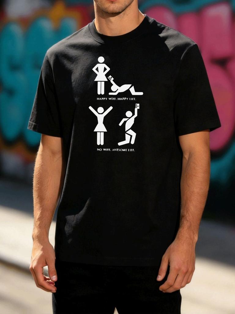 Male Cotton Crew Neck Tee Funny Happy Wife No Wife Stick Figure Graphic Short Sleeve Summer Daily Streetwear Basic Top For Unisex