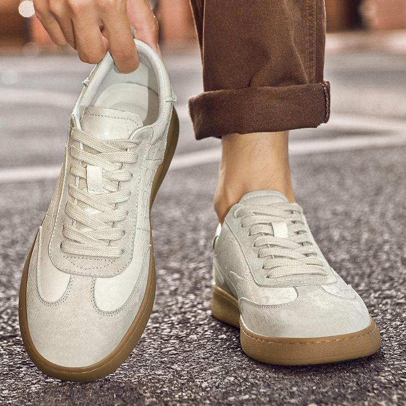 Men's comfortable leather breathable sports board shoes casual flat versatile lace-up white shoes round head board shoes