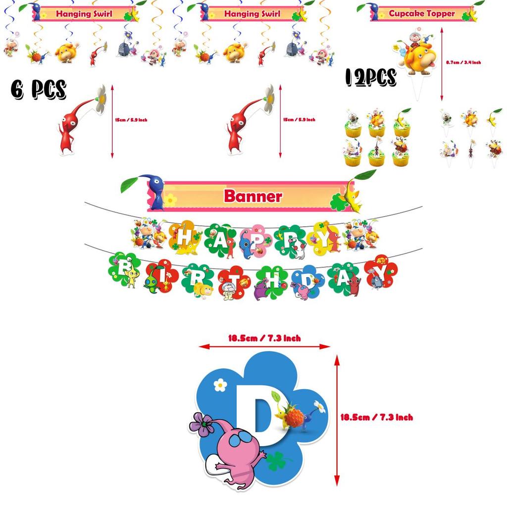Pikmin-4 Birthday Party Decoration Set Paper Banner Balloons Cake Topper Cupcake Toppers And More!