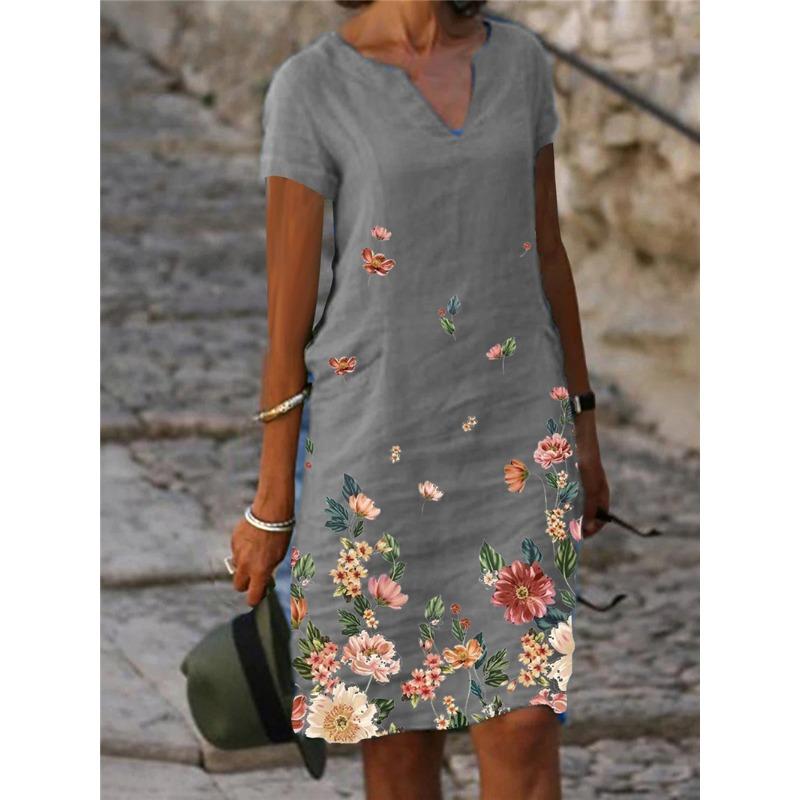 Kurzärmliges Midikleid aus Baumwollleinen mit Blumenmuster und V-Ausschnitt