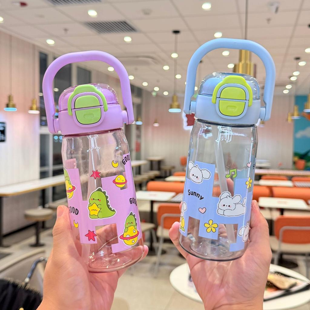 Water bottle pc plastic cup cartoon children's straw cup, portable bouncing student cute water cup new strap kettle