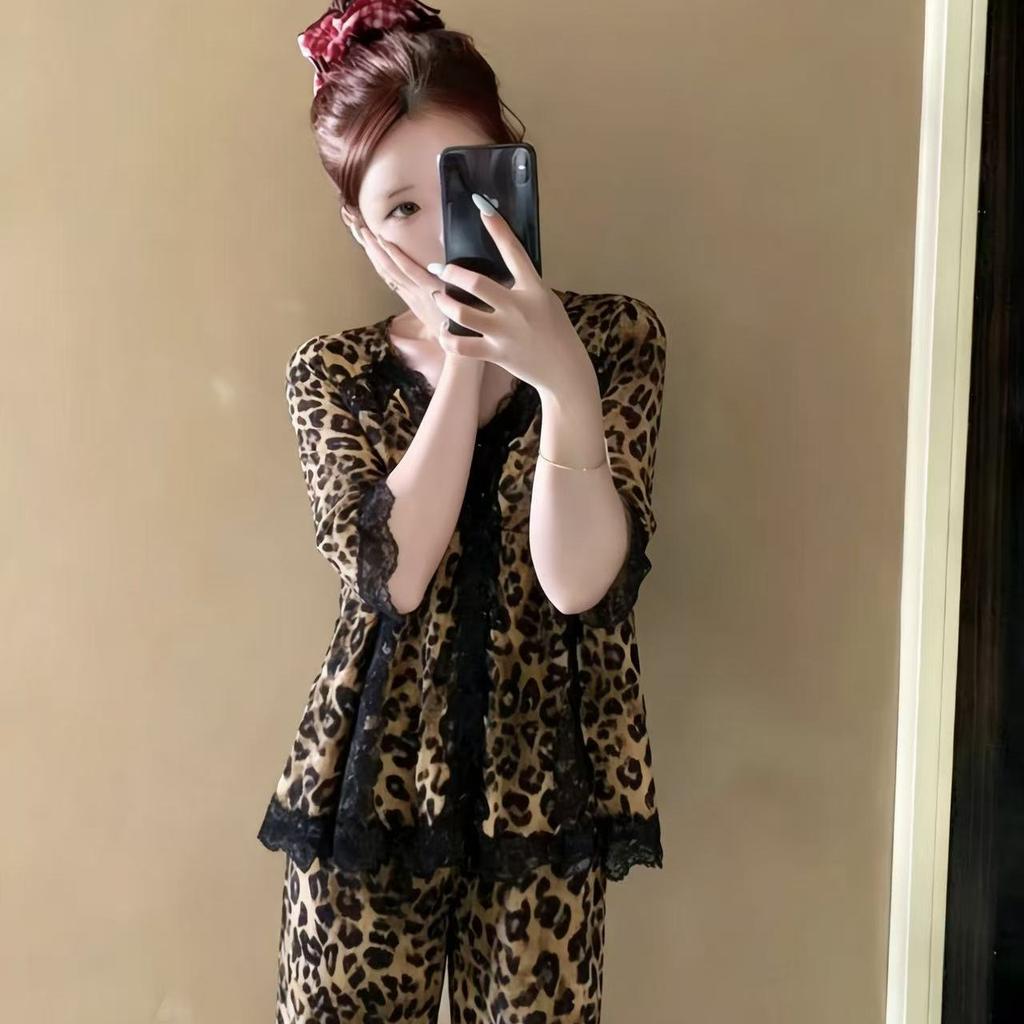 [Cotone di alta qualità imitazione] Pigiama donna nuovo stampa leopardo pizzo floreale autunno maniche lunghe semplice piccolo fresco casa