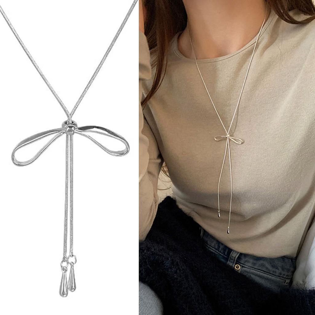 Elegant Bowknot Geometric Long Tassels Necklace for Women Girls Trendy Sweater Chain Adjustable Length Neckchain