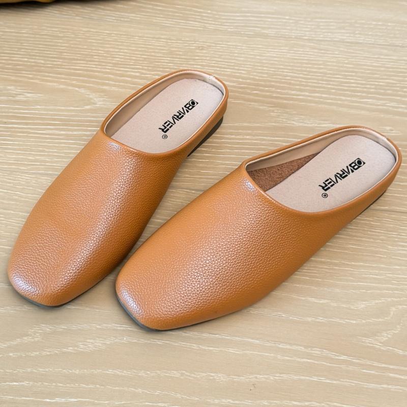 Fashion Sping Autumn Genuine Leather Women's Slippers 2025 Outside Wear Flat Bottomed Casual Comfy Muller Bag Head Half Slippers