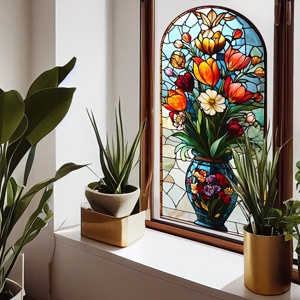 Kreativní Simulační Váza Tulipánové Sklo Zkrášlení a Dekorace Oken Statické Samolepky na Okno