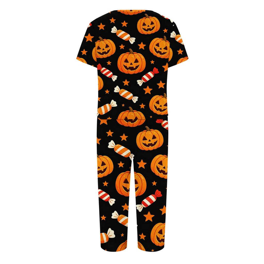 Women Two Piece Halloween Print Outfit Short Sleeve Top and Capri Pants Set Comfortable Casual Sportswear
