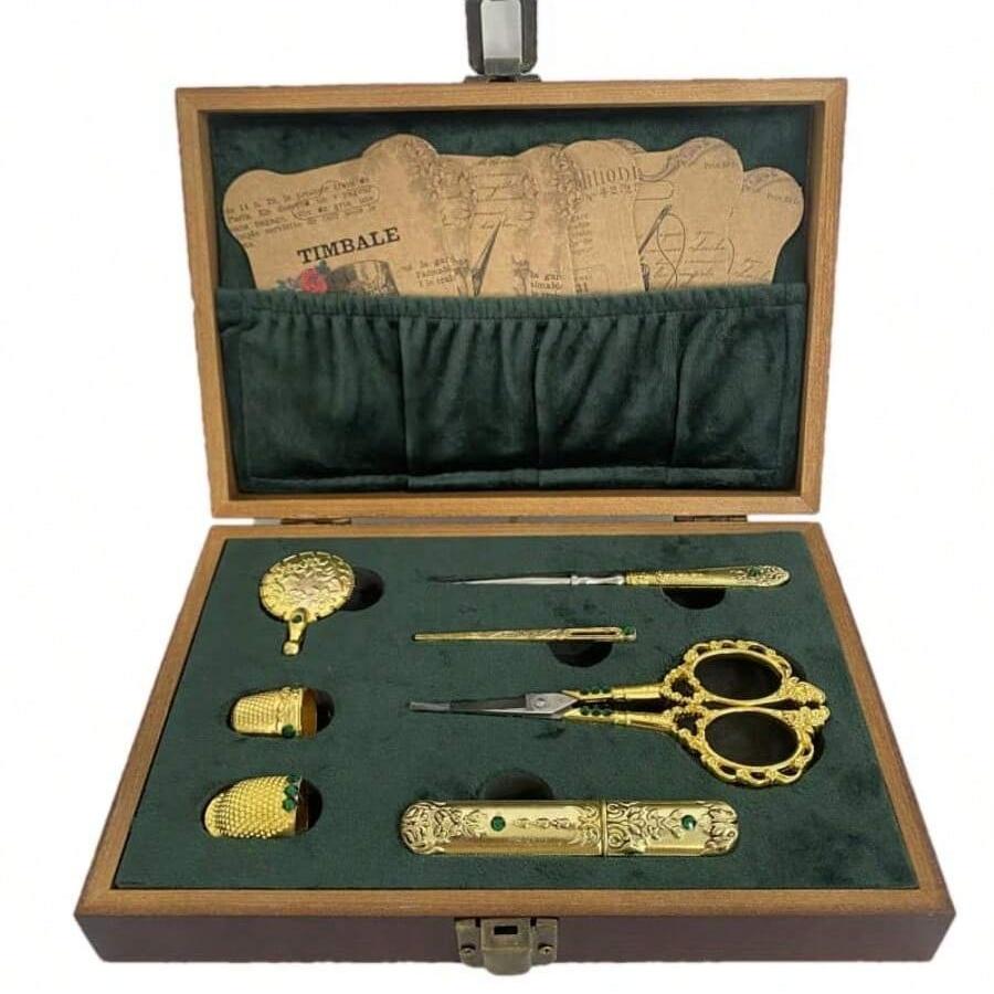 Vintage Sewing Kit European Style Antique Embroidery Scissors Set Portable Sewing Tool Storage Box with Needles Scissors