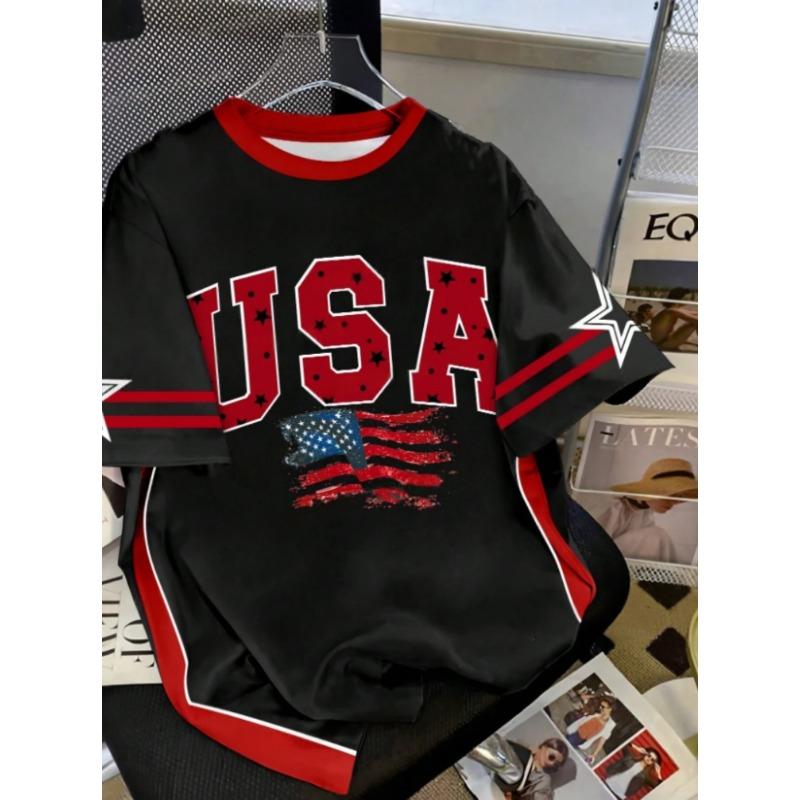 

Fashion USA Flag Print O-Neck Women Short Sleeve T-Shirt Summer Casual Tops Tee Lightweight Sport Daily Oversized Sport T-Shirt XXS