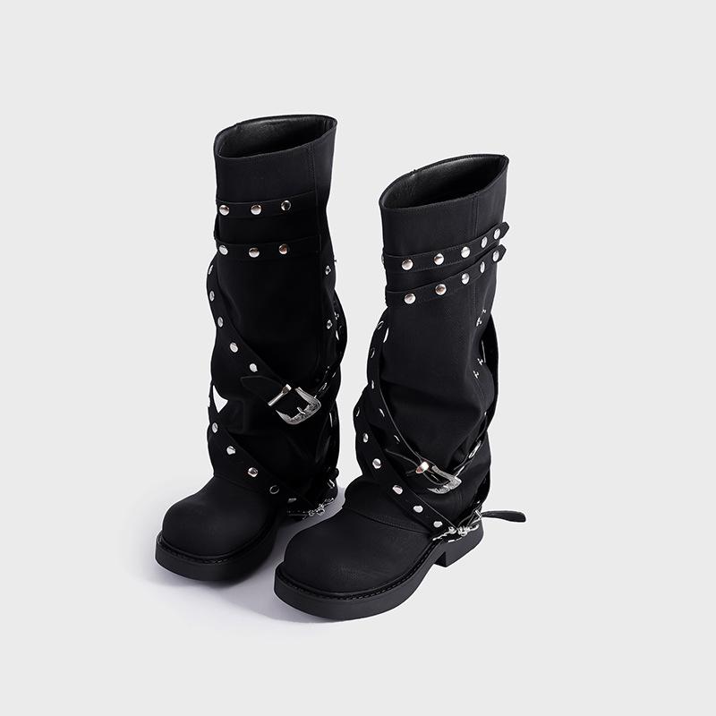 Maillard Trouser Boots Autumn New Women's Retro Round Head Niche Design Long Boots Rivet Knight Boots