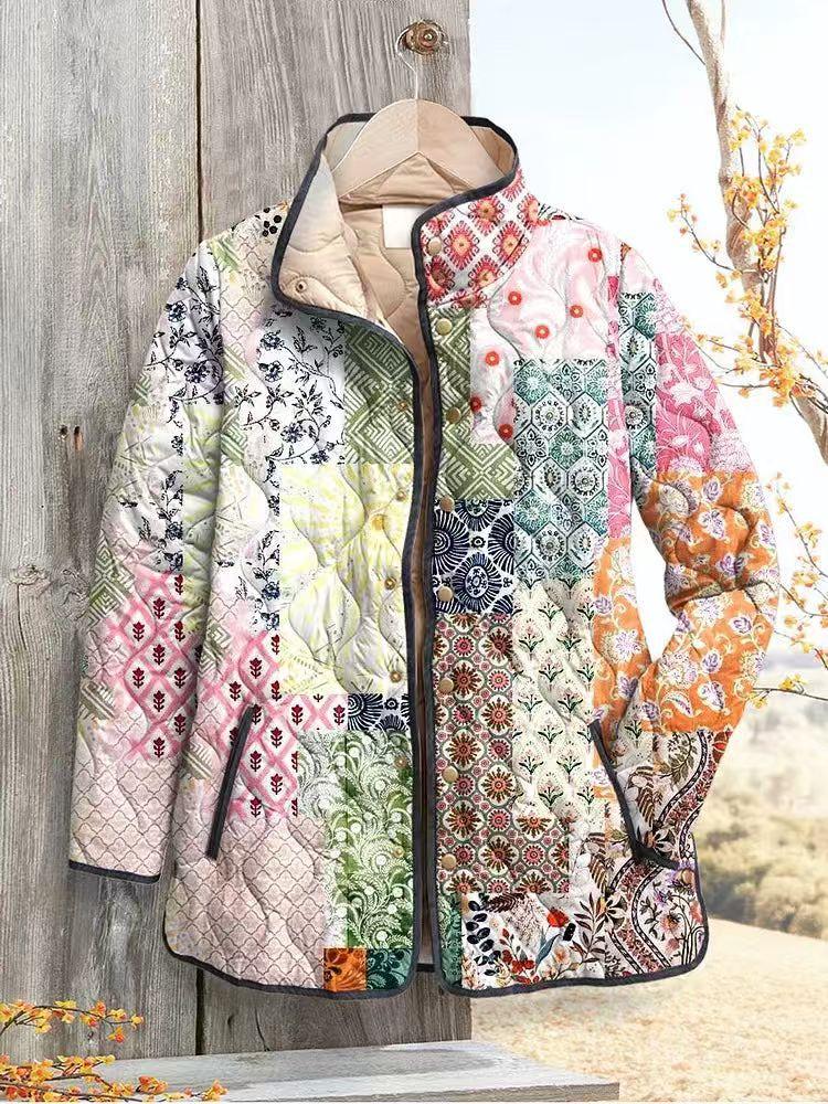 Women's Tropical Leaf Print Quilted Jacket Stand Collar Button Down Contrast Trim Casual Coat