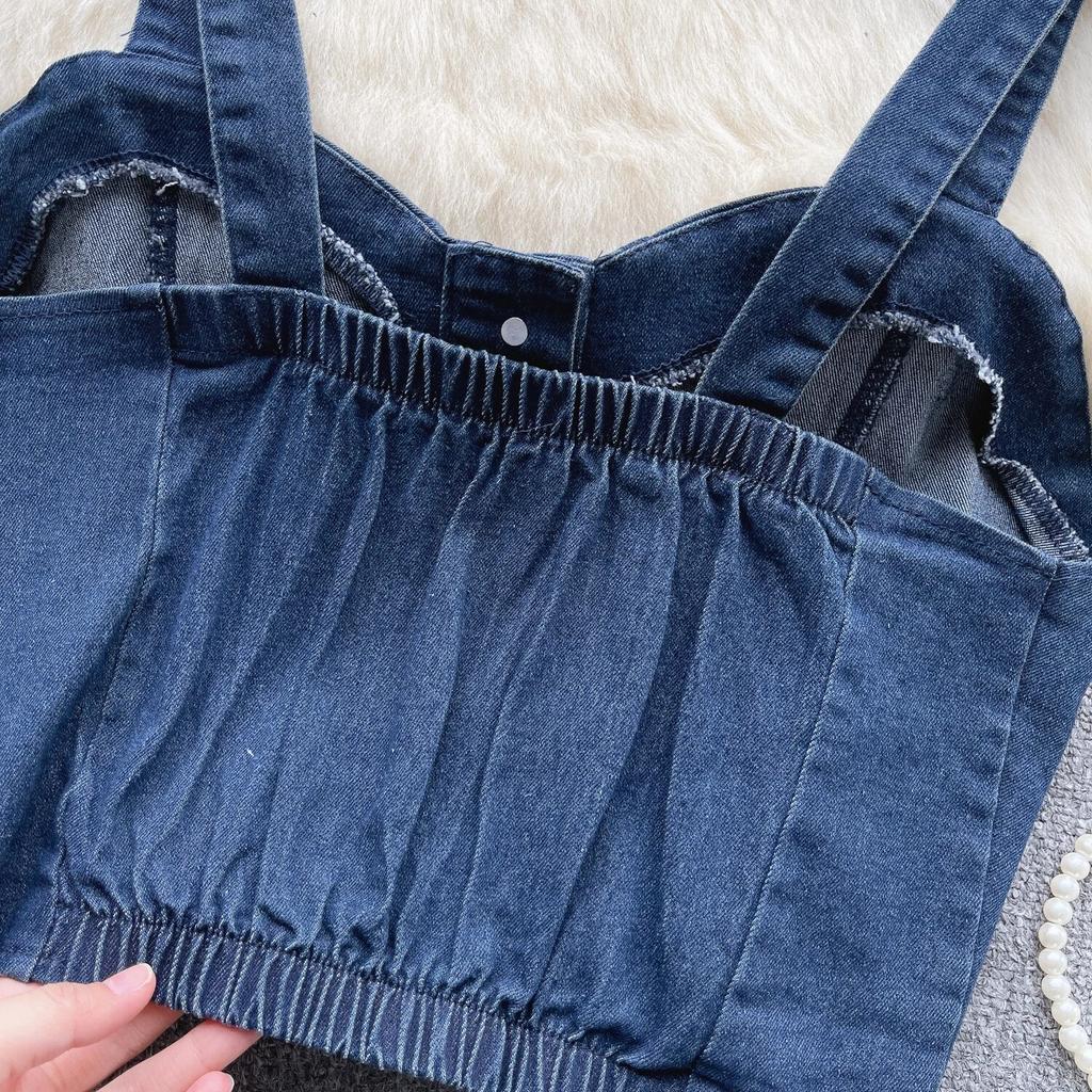 Hongkongský styl Retro Džínový top Dámský Design Jednořadé Slim fit Krátký Pupík Sexy Gyaru Sle Cami Móda