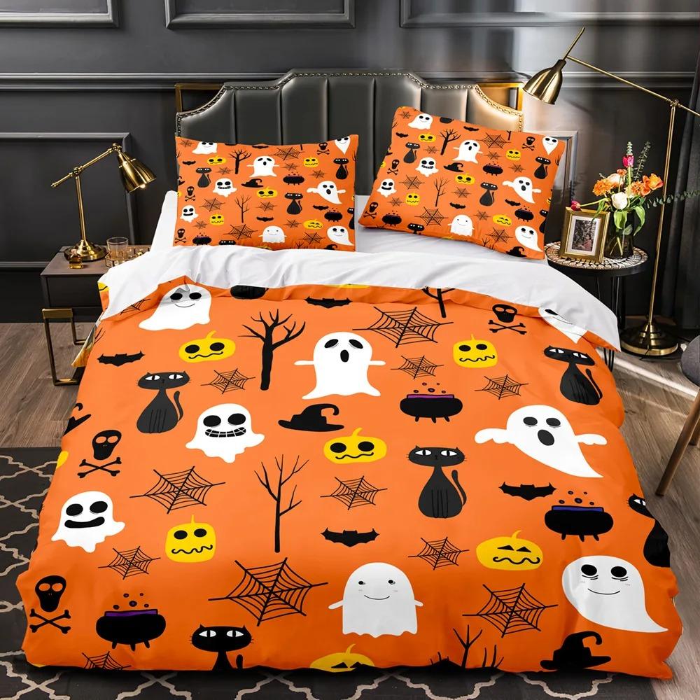 3D Print Halloween Bedding Set, Halloween Cartoon Jack O' Lantern Tombstone Skulls And Bones 2-3Pcs Polyester Duvet Cover Set