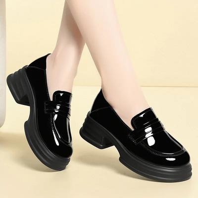 5cm Vintage British Style Bright Leather Loafers Thick Sole Platform Shoes 20285 Fall Med Square Heels Shoes for Office Mom