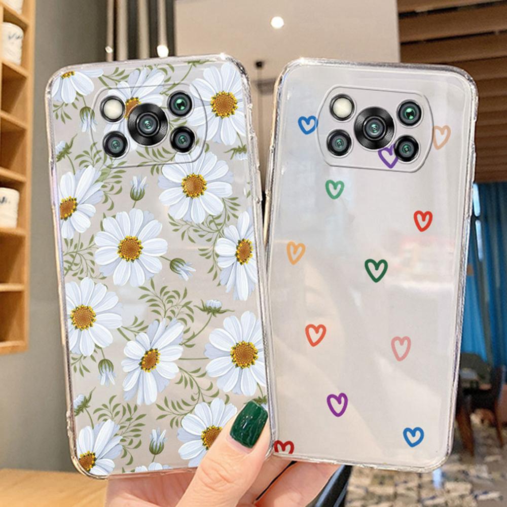 Daisy Flower Love Heart Phone Case For Xiaomi Poco X3 X4 M4 X5 X6 Pro Artistic Marble Couple Clear Transparent Shockproof Cover