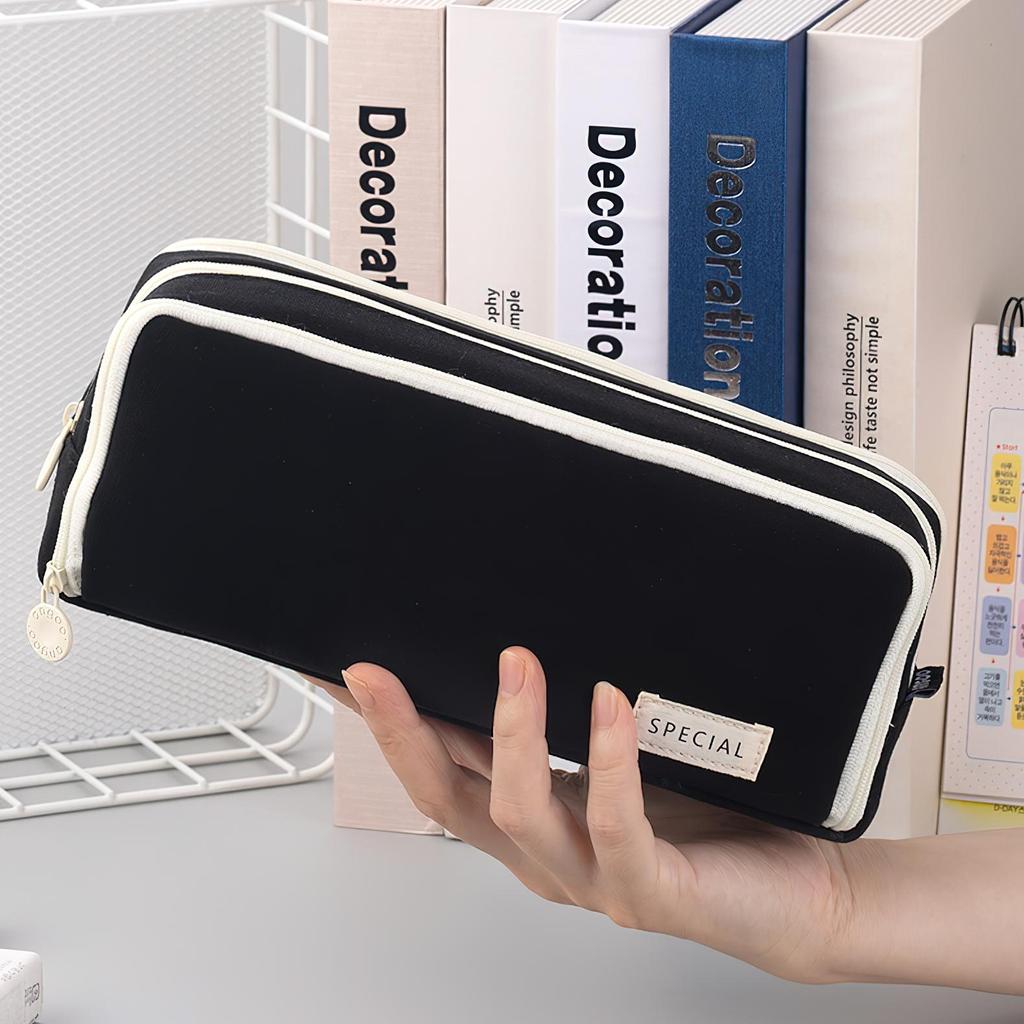 Angoo Linen Type Cloth Pencil Case Pen Bag 3 Compartments Storage Pouch Organizer for Stationery