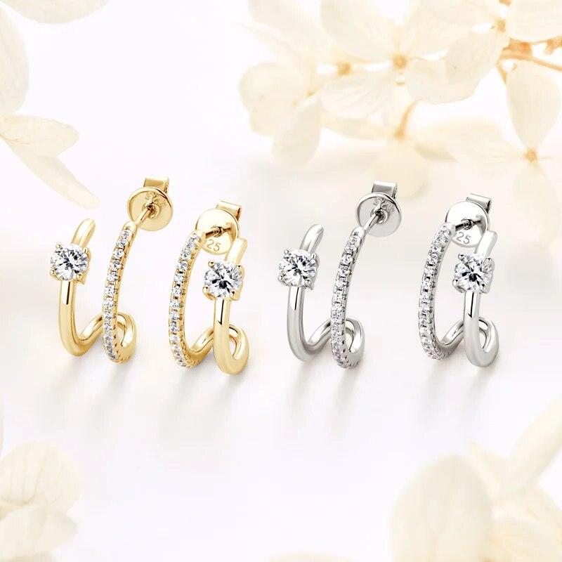 D Moissanite Stud Earrings for Women Girls 925 Silver Original Certified Jewelry Half Hoop Huggie Open C Shaped Earrings