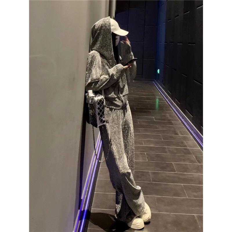 Neuer Glänzender Trainingsanzug für Damen Locker sitzender Hoodie Weite Hosen Lässiges Outfit