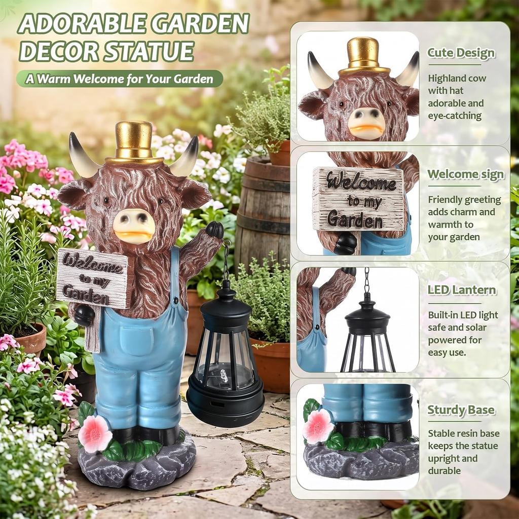 Highland Cow Garden Lantern Statue with LED Welcome To Garden Sign Figurine Cute Resin Statues for Porch Patio Balcony