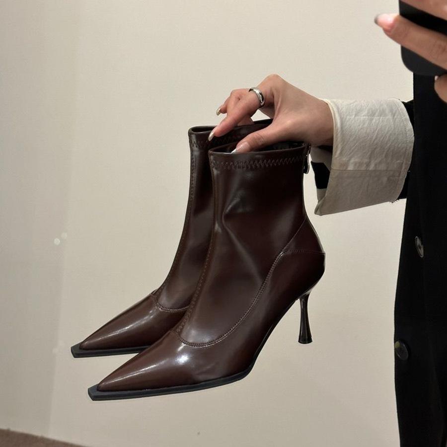 Black Pointed Short Boots Femininity Thin Fashion High Heel Boots Rear Zipper Versatile Thin Heel Thin Boots