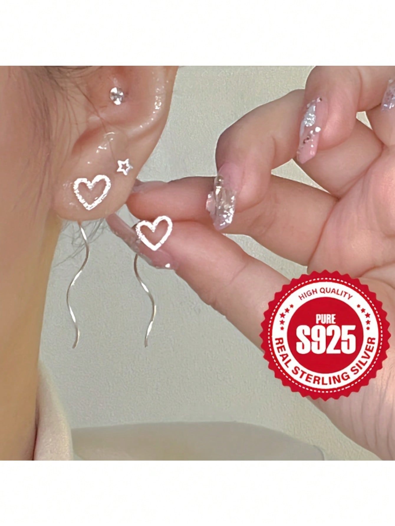 

Модные серьги-кисточки в форме сердца из чистого серебра, 925 стерлинговое серебро, серьги-кольца, инкрустированные синтетическим кубическим цирконием, без покрытия, волнообразный дизайн one-size серебряный