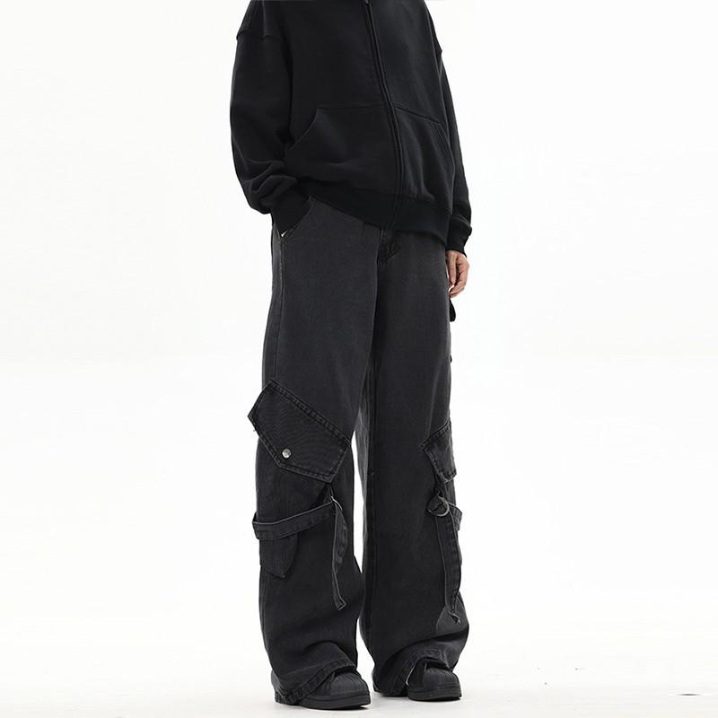 Unisex Vintage Black Distressed Wide-Leg Workwear Jeans with Multi-Pockets - High Street Punk Style
