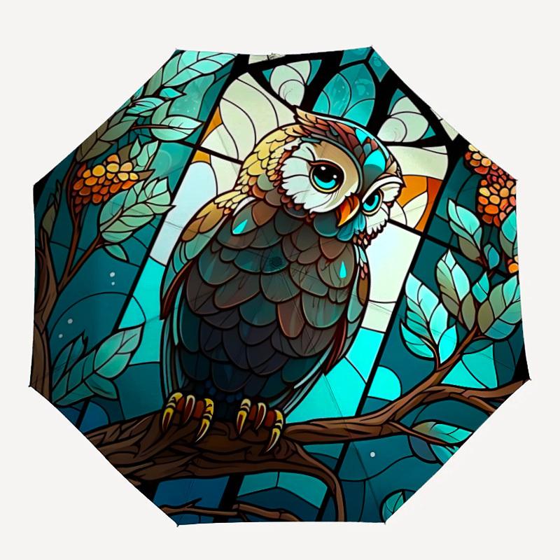 

1pc Stained Glass Owl Automatic Folding Umbrella - 8-Rib Compact Travel Umbrella Durable & Portable for Outdoor Use, Perfect Gift052
