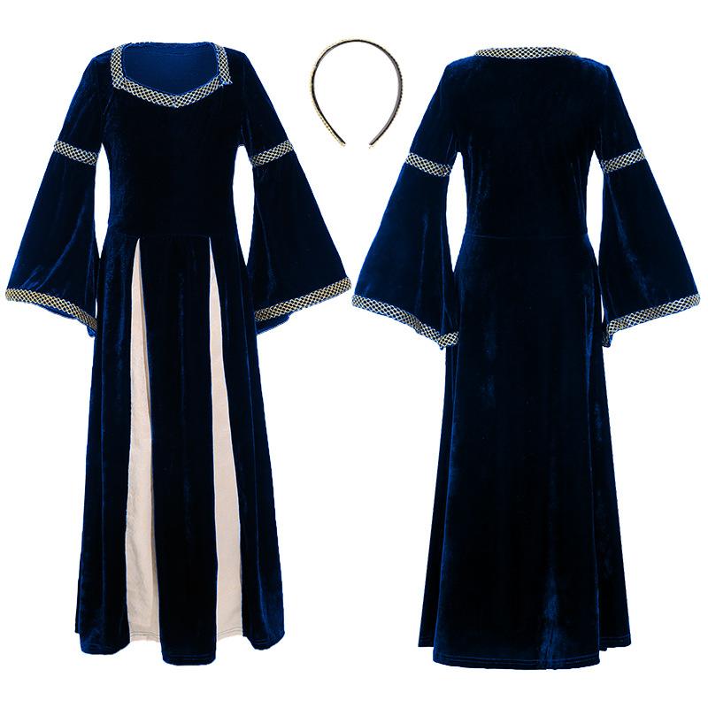 

Kids Girls Renaissance Retro Medieval Drama Stage Flare Sleeves Dress Gown Children Halloween Cosplay Costumes Role Play Outfit XL синий