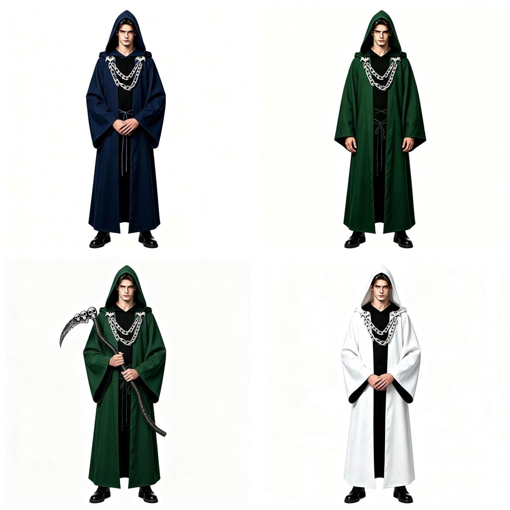 Costume da Mago Gotico con Cappuccio a Catena per Feste di Halloween e Cosplay