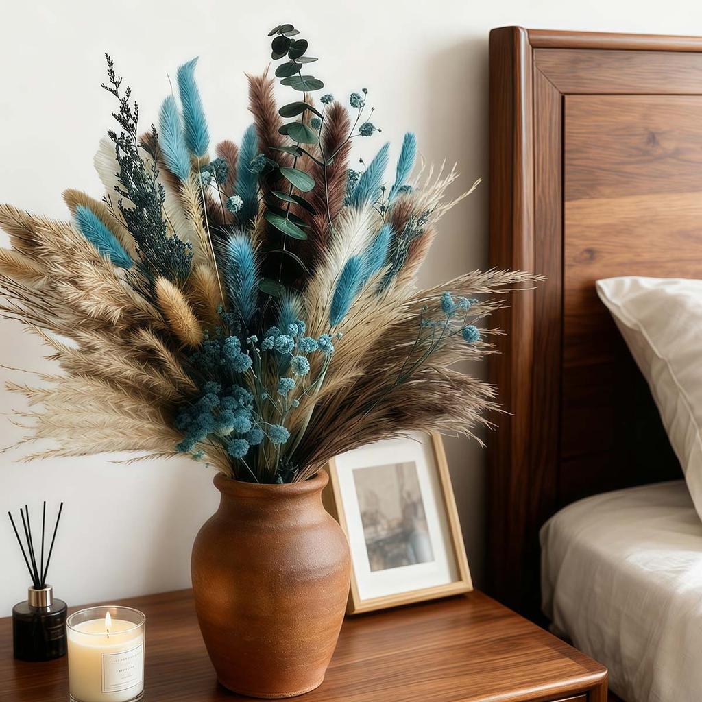 1 Bunches Blue Dried Flowers - 17" Boho Style Artificial Pampas Grass Ideal for Home Decor, Wedding Decor, Bridal Bouquets, Floral Arrangement