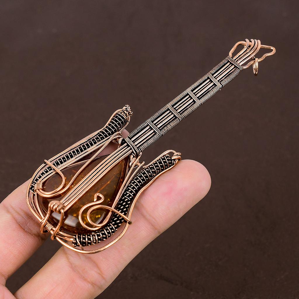 Baltic Amber Handmade Copper Wire Wrap Guitar Pendant 4.53" Q6K50