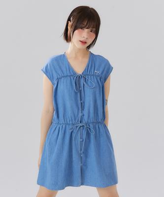 Deliscent Denim Shirred Ribbon Dress [Blue]