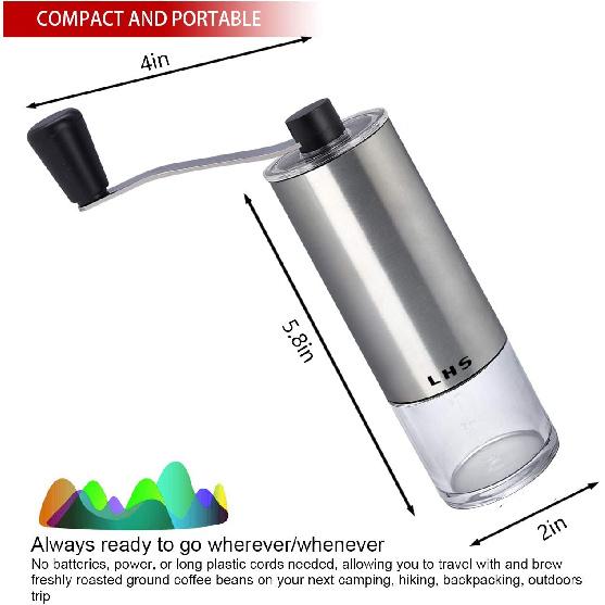 LHS Manual Coffee Grinder with Ceramic Conical Burr Stainless Steel Hand Crank Mill for Drip Coffee, Espresso, French Press, Turkish Brew
