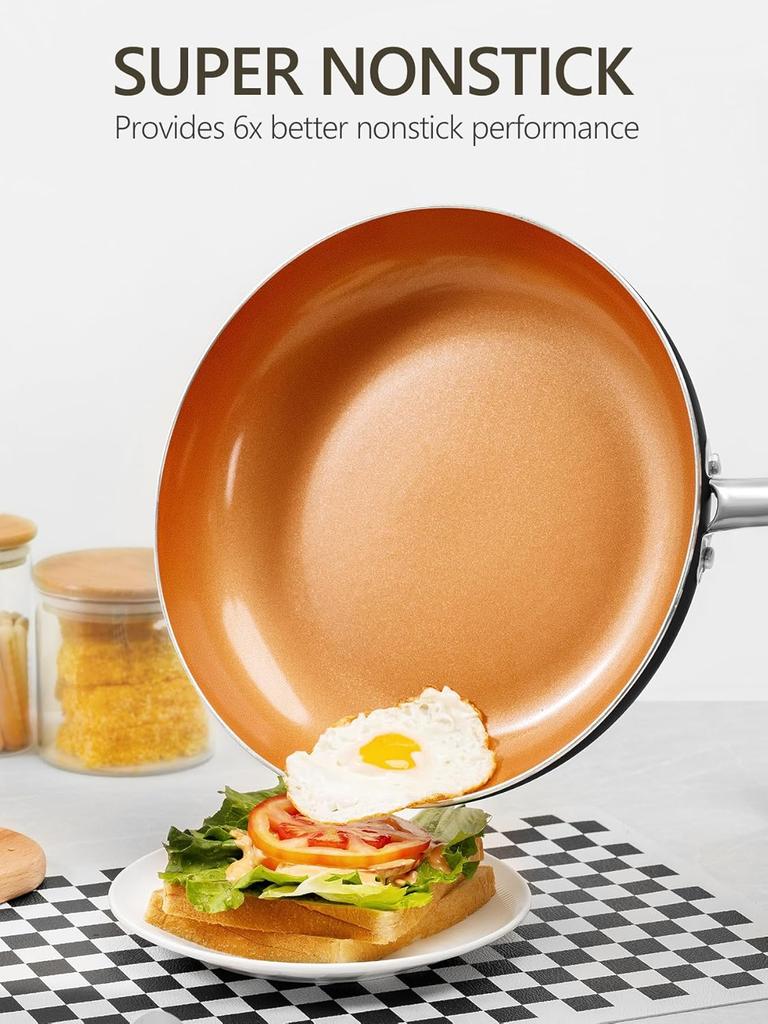 LMETJMA 8 10 12inch Copper Non Stick Frying Pan With Lid Scratch Resistant Ceramic Coating Skillet Egg Pan Cooking Omelet Pan