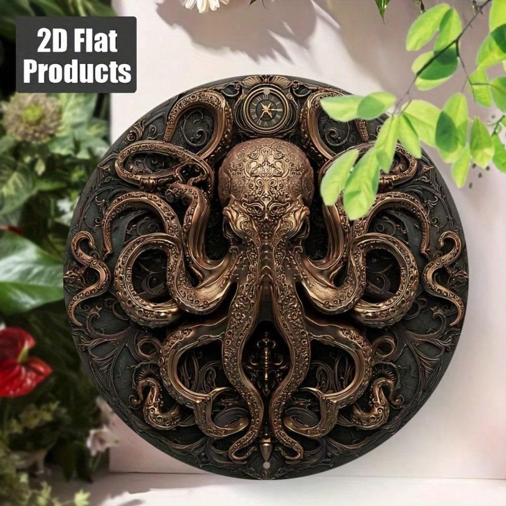 Retro Metal Octopus Wall Art 8 Inch Round Plaque Marine Sea Creature Decor Home Coastal Beach Sign