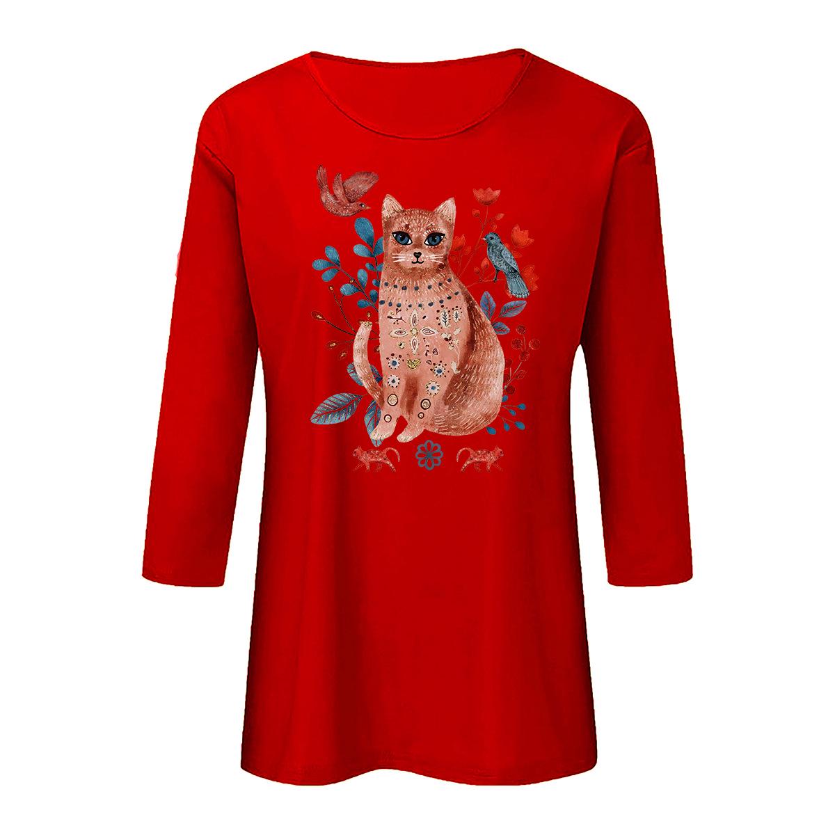 

Women s Three-Quarter Sleeve Butterfly Print Pullover Top M ярко-красный