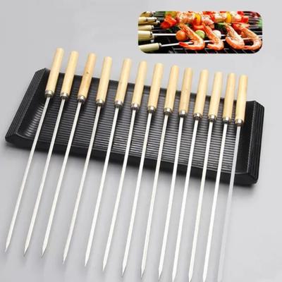 11pcs/set Wooden Handle Flat Barbecue Skewers Anti-slip 11cm Stainless Steel Barbecue Stick Anti-scald Reusable