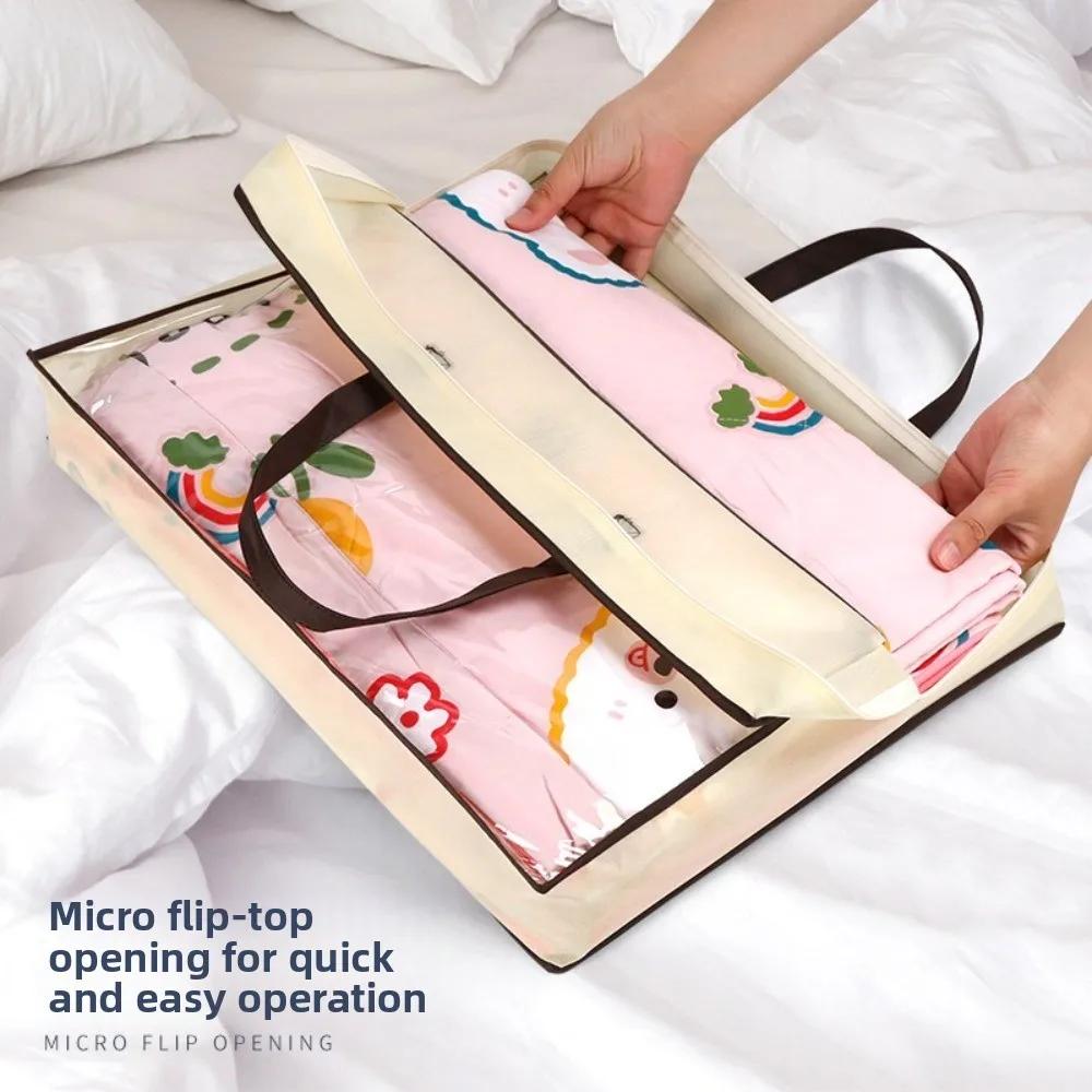 Transparent Clothes Storage Bag Non-woven Large Capacity Dustproof Bag Handle Zipper Closure Quilt Storage Bag Household Use