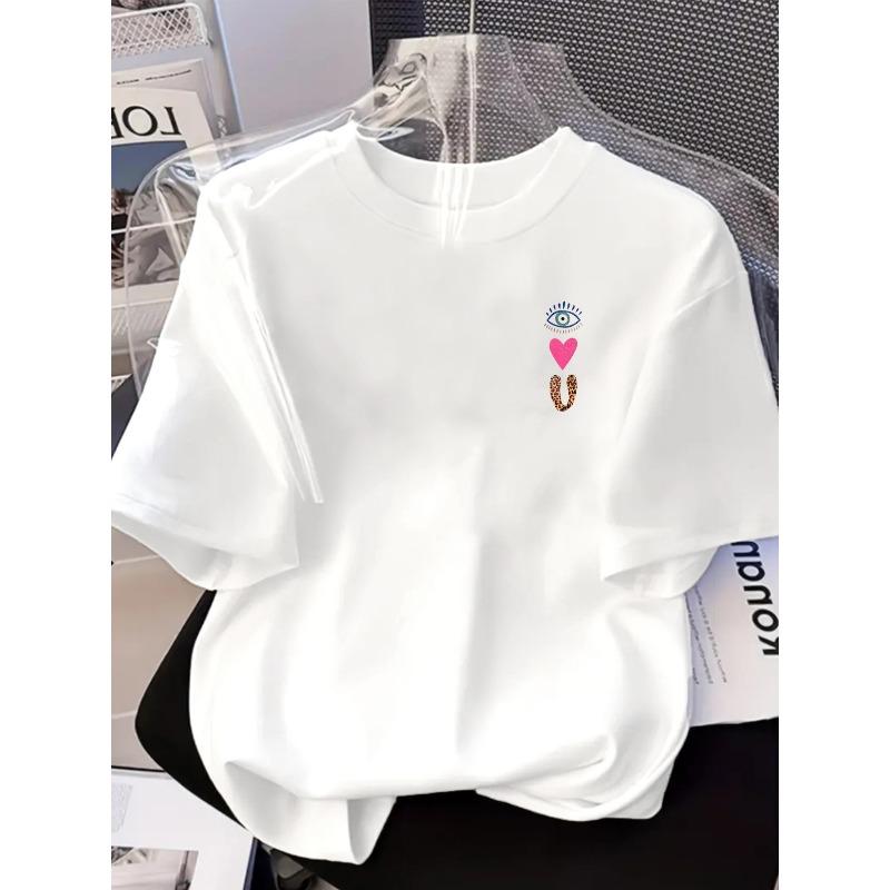 Lucky Eye, Pink Heart Print Tshirt Short Sleeve Crew Neck Casual Top for Summer Spring, Women's Clothing