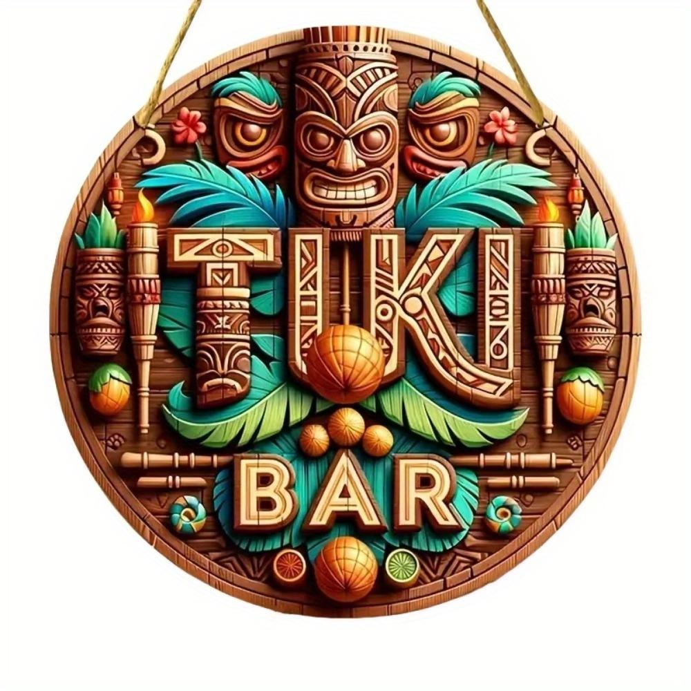 1pc 2d Flat Hawaiian Tiki Mask Bar Sign - 20cm Round Wood Art Decoration for Home, Garage, Cafe, Restaurant, Bar, BBQ, Beach, Resort Decoration