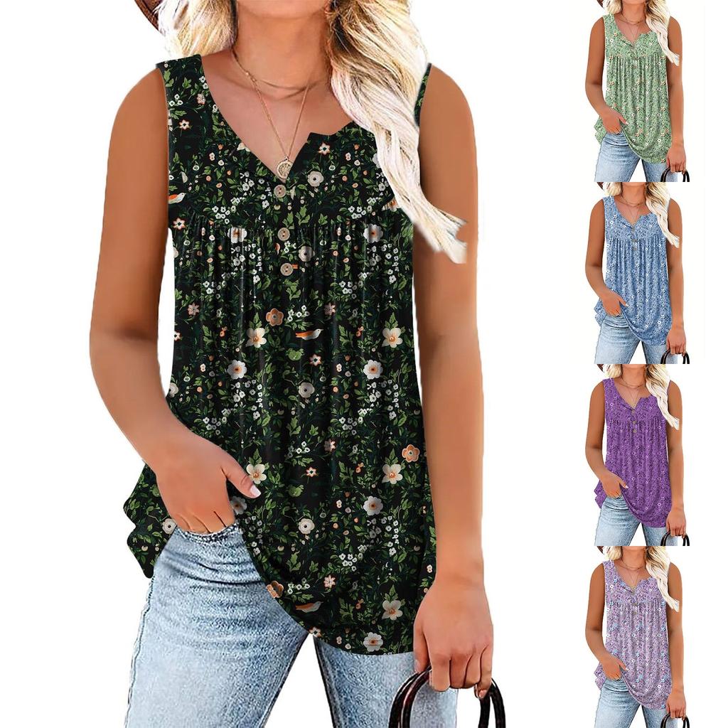 Ladies Summer New Fashion Casual Round Neck Button Sleeveless Small Floral Casual Tops