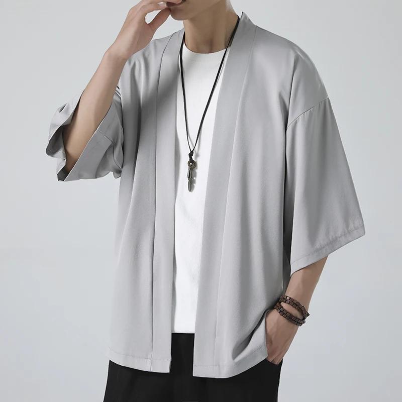 Spring Summer Men's Sun Protection Clothing Japanese Kimono Shirts Casual Open Stitch Lightweight Solid Three Quarter Loose Couple Shirts M-5XL