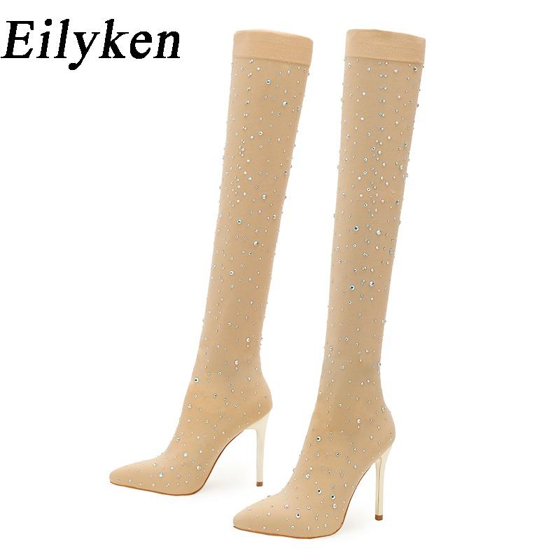 Eilyken Stretch Fabric Pointed Toe Woman Over-the-Knee Long Boots Sexy Thin High Heels Nightclub Shoes Size 35-43