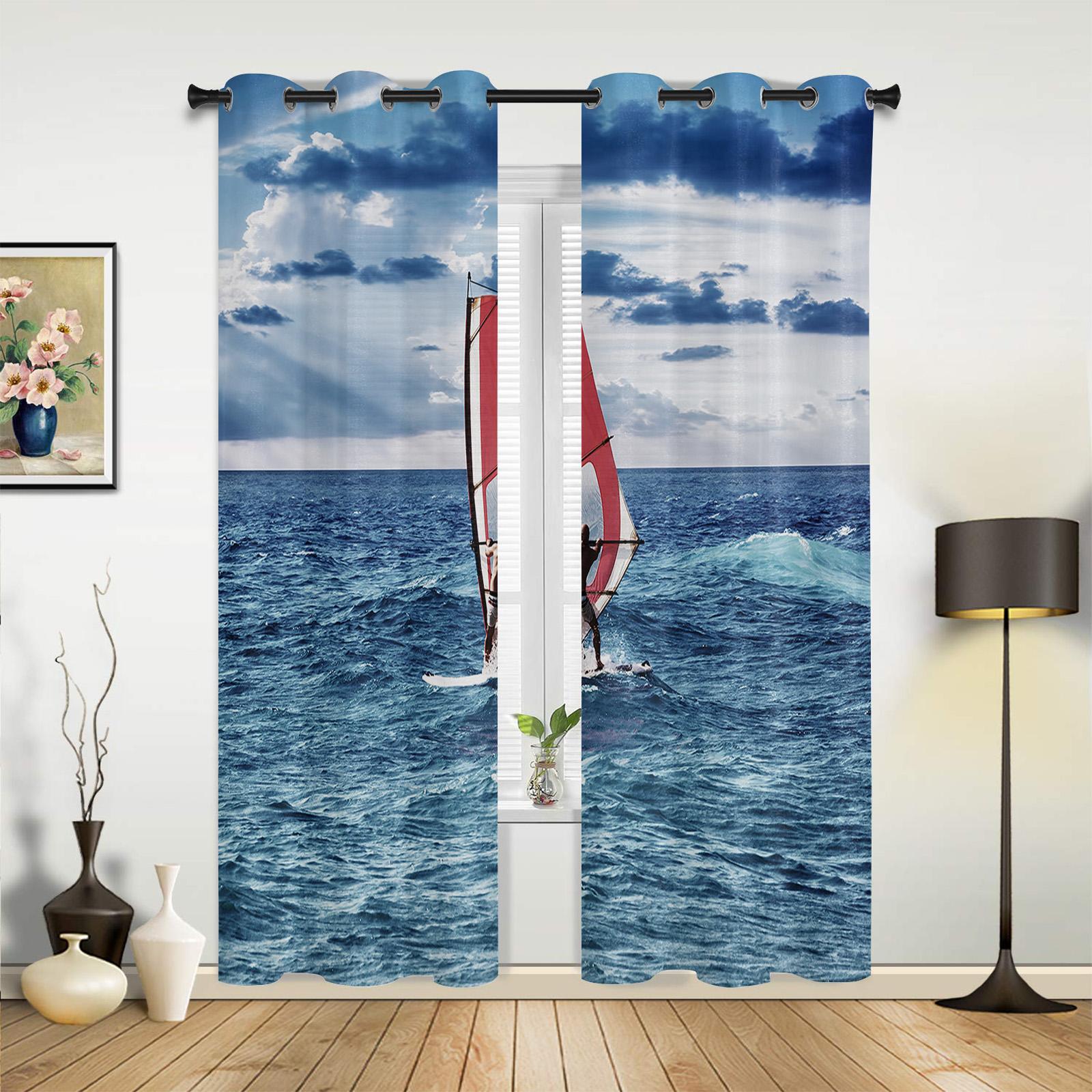 Синие морские волны Парусник Оконная штора Спальня Гостиная Оконные драпировки Кухонное — фото 3