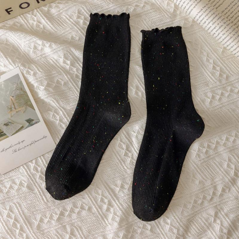 Pointed Yarn Pile Socks - Children's Autumn and Winter Embroidered Bow Tie Mid-calf Socks, Trendy and Versatile Lace Long Socks