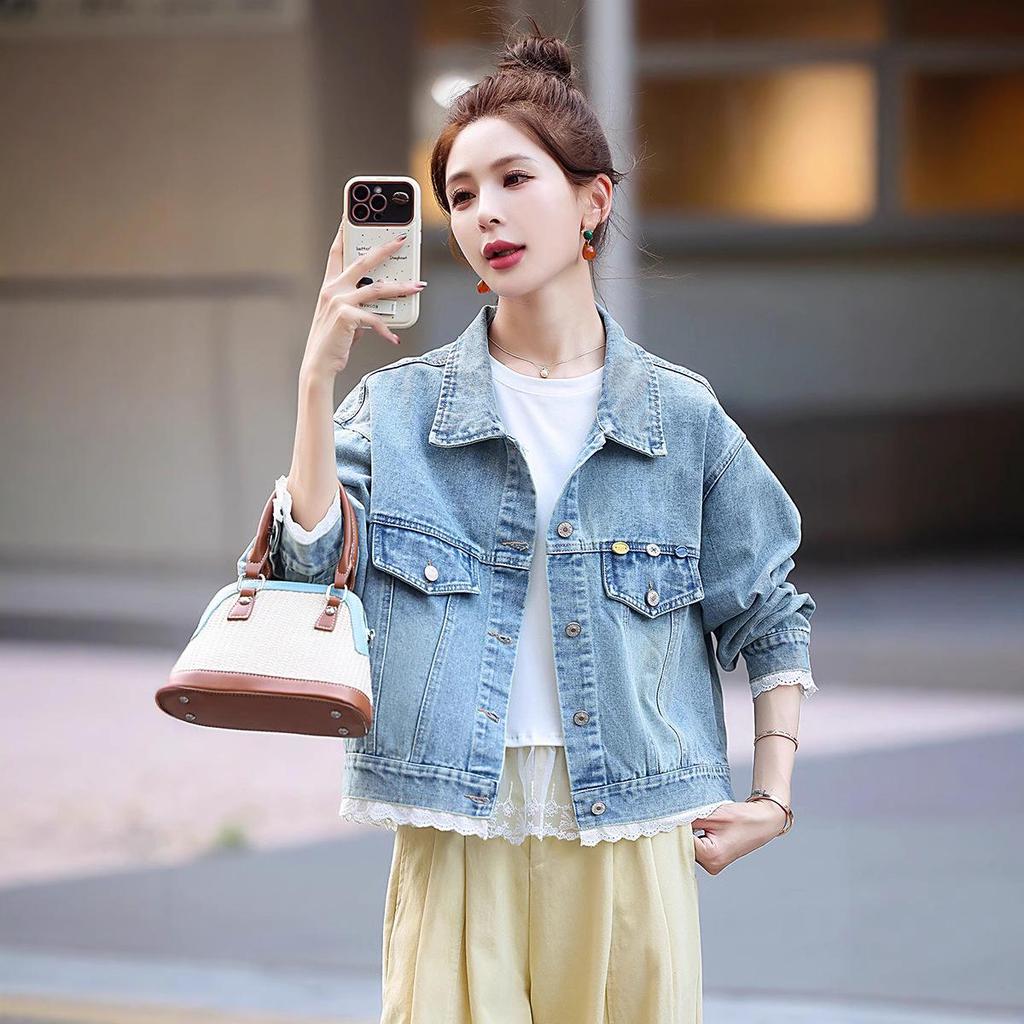 Women's Lace Patchwork Denim Jacket - Spring 2025 Fashion, Color Block, Loose Fit, Casual Long Sleeve Top