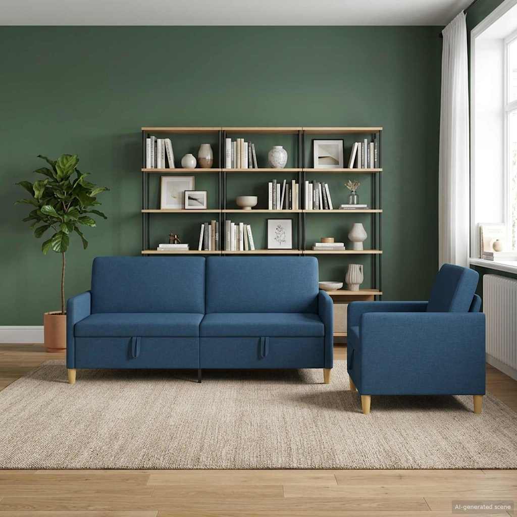 2 Piece Storage Sofa Set Blue Polyester