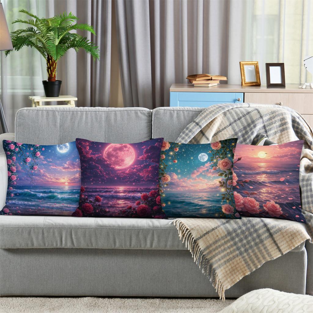 4Pcs Dreamy Rose Seaside View Digital Printing Pillow Cover Short Plush Suitable Living Rooms Bedrooms Sofas Throw Cushion Cover